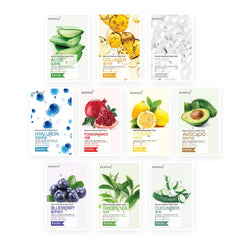 EUNYUL pack front showing ten mask varieties and benefits