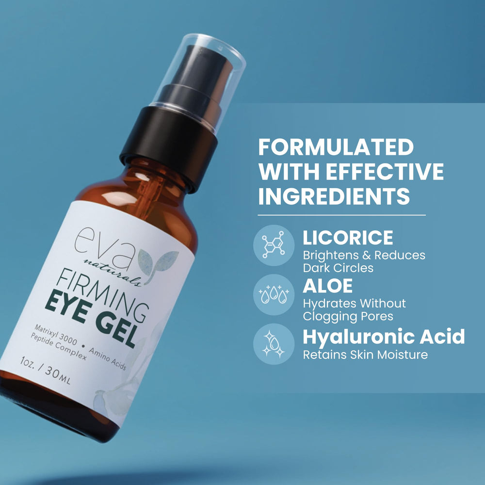 Eva Naturals ingredients laydown featuring peptides and botanicals for brightening