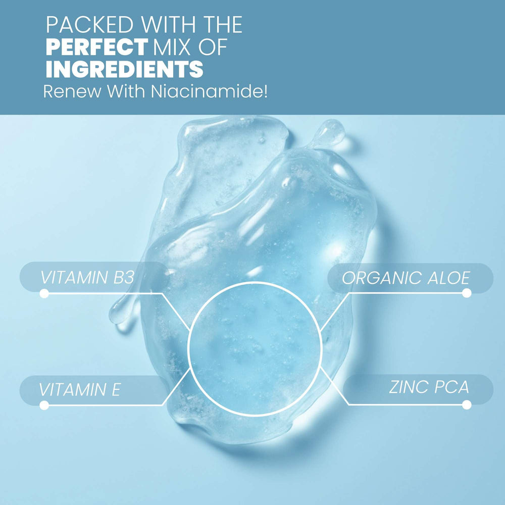 Eva Naturals ingredient label highlighting niacinamide, zinc PCA, and botanical hyaluronic acid