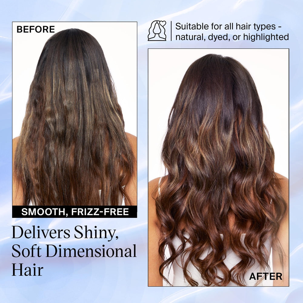 EVA·NYC before and after brunette photos showing reduced brassiness and cooler tone