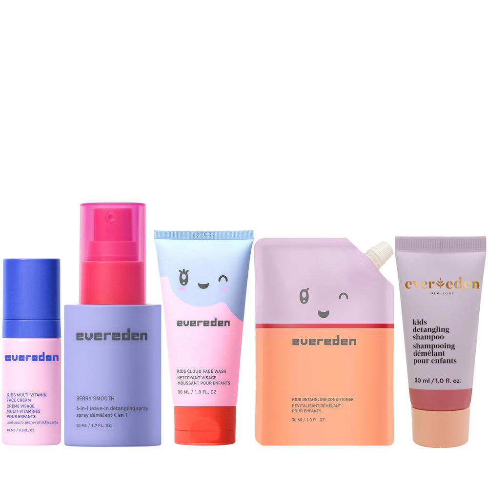 Evereden front packaging showing the five travel-size bottles and pouch benefit convenience