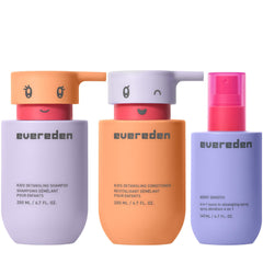 Evereden front packaging showing the kids hair trio and clean formulation benefits