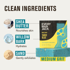 Every Man Jack label close-up showing scent notes and 5oz weight for quick info benefit