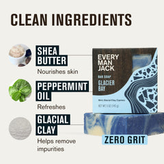 Every Man Jack label close-up showing Glacier Bay scent and B Corp mark