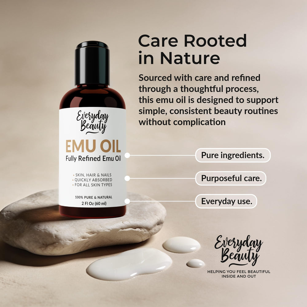 Everyday Beauty emu oil on a bathroom shelf in a lifestyle setting for daily use inspiration