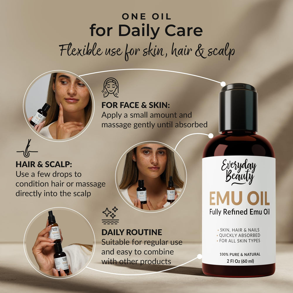 Everyday Beauty emu oil being massaged into scalp to soothe dryness and flakiness