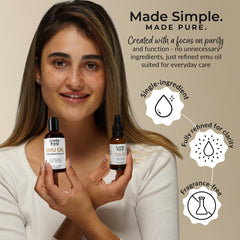 Everyday Beauty emu oil texture close-up highlighting lightweight absorbent finish