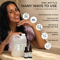 Everyday Beauty rubbing oil onto damp skin post-shower to lock in hydration