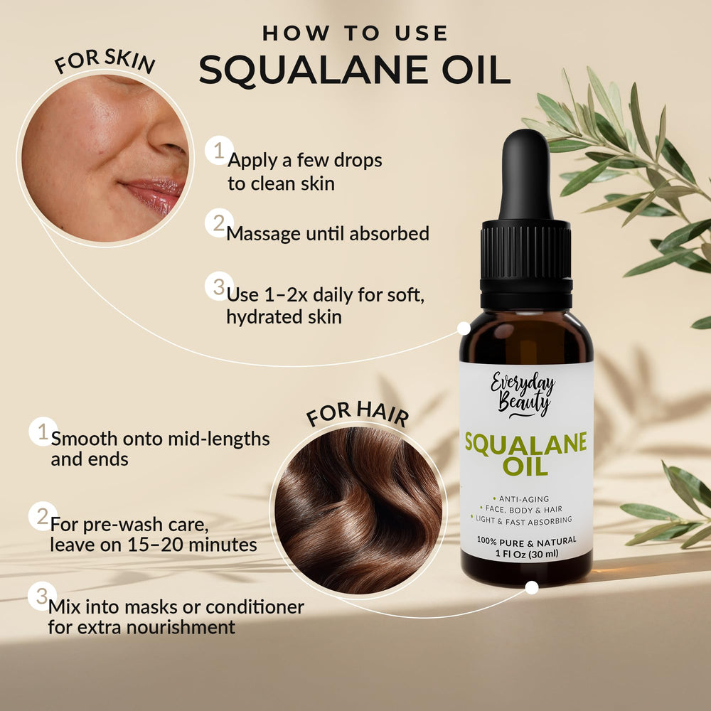 Everyday Beauty squalane applied to hair ends demonstrating smooth, frizz-control benefit