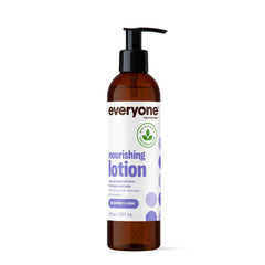 Everyone front packaging of lavender and aloe lotion shows label and size, clear benefit hydrating