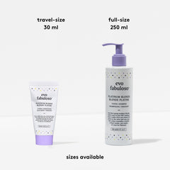EVO bottle beside model with cool blonde hair illustrating refreshed tone