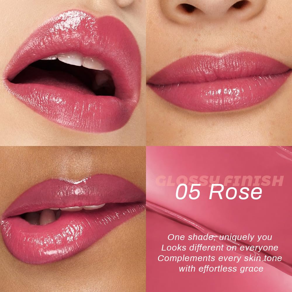 evpct applied on model lips creating sheer honey-rose tint and natural glossy hydration