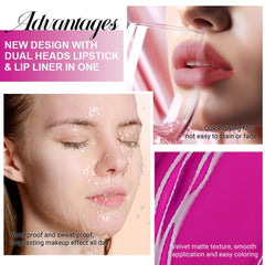 evpct model wearing hot pink matte set showing longwear, photo-ready benefit