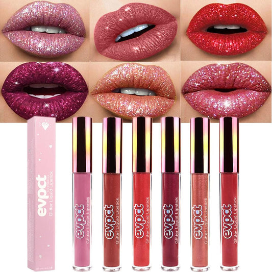 evpct front packaging showing six glitter liquid lipsticks, perfect gift presentation