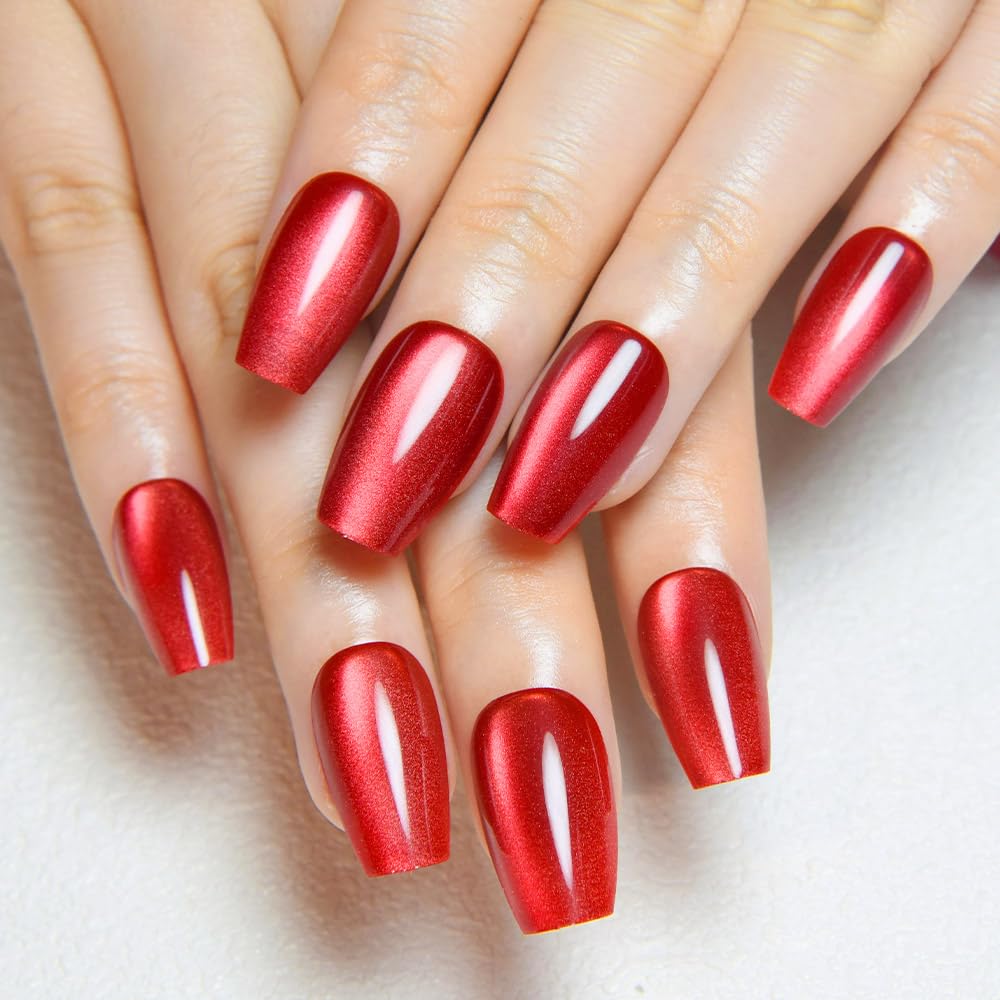 evpct front packaging showing 32-piece red cat eye nails for ready wear