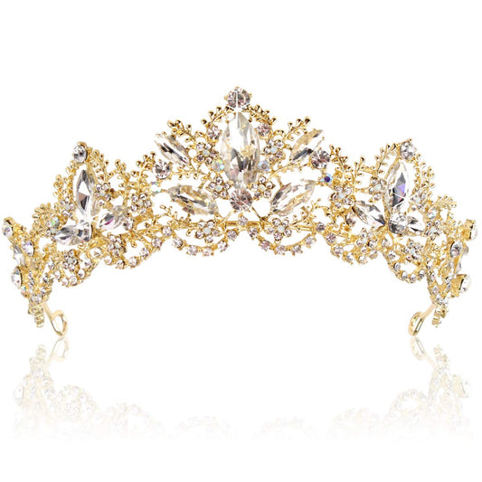 Exacoo gold tiara front view showing elegant crystal sparkle and regal look
