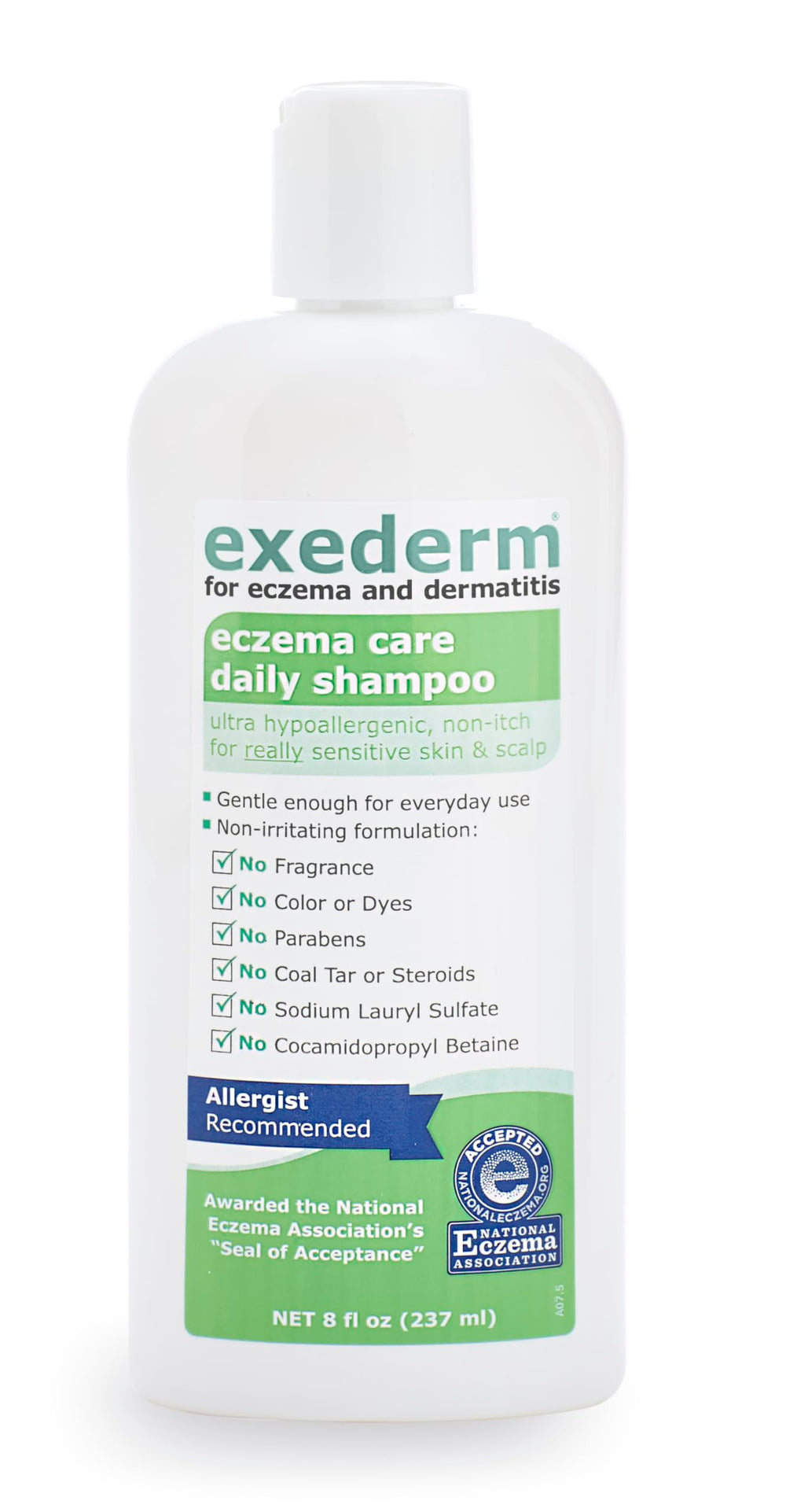 Exederm shampoo cap and pump close-up for easy dispensing