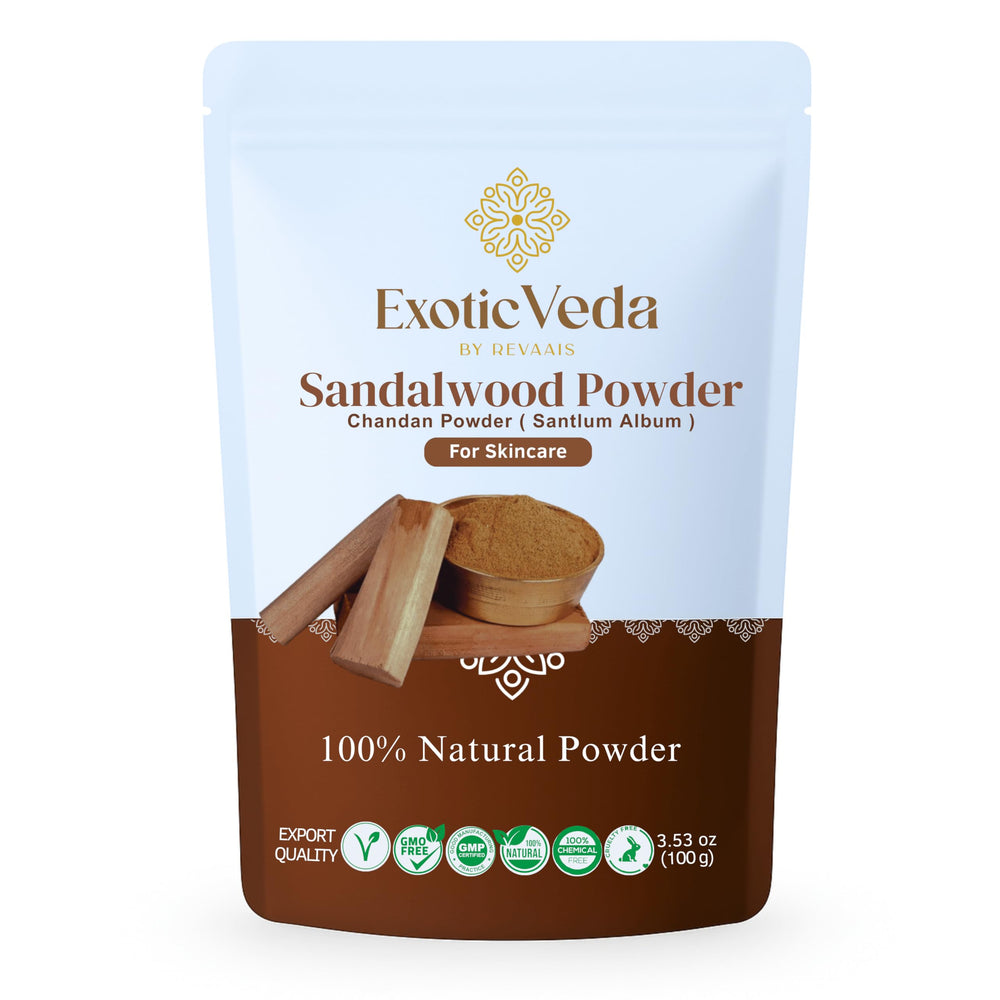 Exotic Veda front packaging showing product label and weight, promotes authentic purity