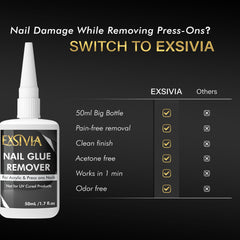 EXSIVIA in use lifting a press-on nail for fast, gentle adhesive loosening