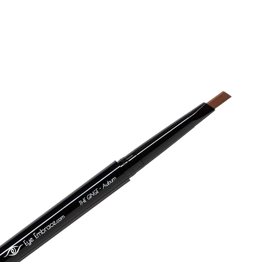 Eye Embrace front packaging showing auburn eyebrow pencil, highlights ethical branding