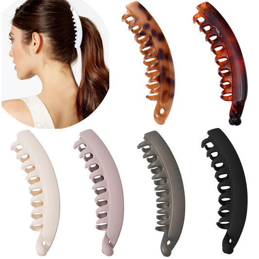 Eyegla front pack view showing six matte banana clips, convenient color variety