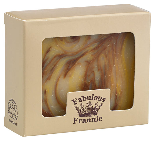 Fabulous Frannie soap bar front packaging showing patchouli label and clean design benefit
