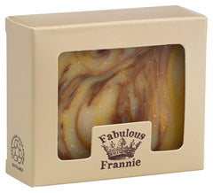Fabulous Frannie soap bar front packaging showing patchouli label and clean design benefit