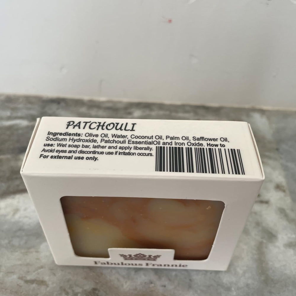 Fabulous Frannie patchouli soap on bathroom shelf suggesting natural scent and decor benefit
