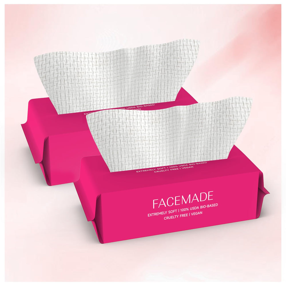 FACEMADE front packaging showing two 100-count packs and product benefits