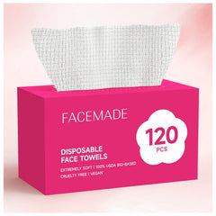 FACEMADE front packaging showing 120-count biobased face towels for convenience