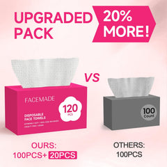 FACEMADE towel in hand showing 7.9x7.9 inch scale and easy portability