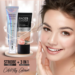 FACESCANADA applied by model in mirror for instant radiant complexion