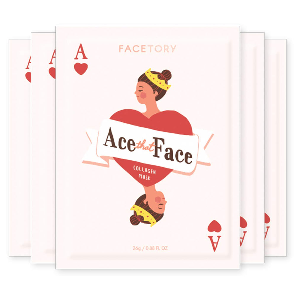 FACETORY front packaging showing five ACE THAT FACE masks for convenient hydration