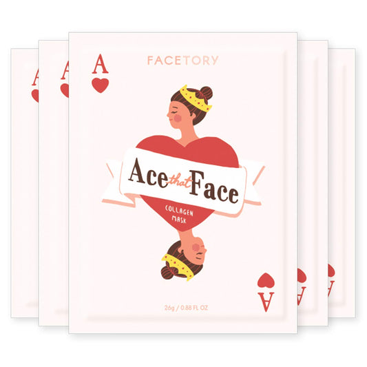 FACETORY front packaging showing five ACE THAT FACE masks for convenient hydration