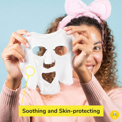 FACETORY mask applied on model relaxing, demonstrates calming effect