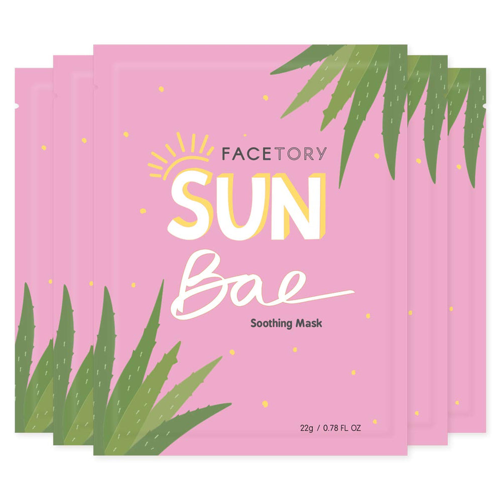 FACETORY front packaging showing five SUN BAE masks and calming design benefit