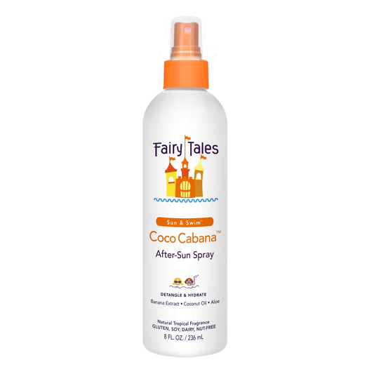 Fairy Tales front bottle photo showing product and tropical scent benefits