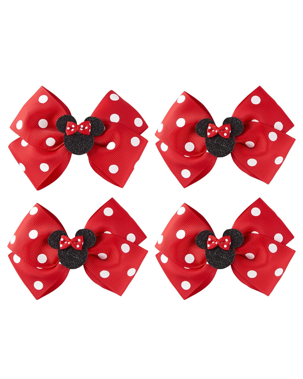 Fancheer front view of red polka dot mouse ears bow showing design and clip