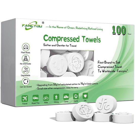 fancyou front packaging showing 100-count compact towels and product benefit