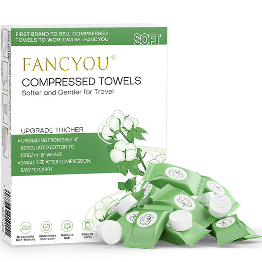 fancyou front packaging showing 100 compressed towels and benefits