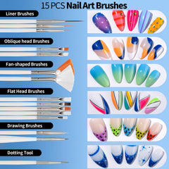 Fandamei close-up of 15 acrylic nail brushes highlighting precise strokes and varied shapes