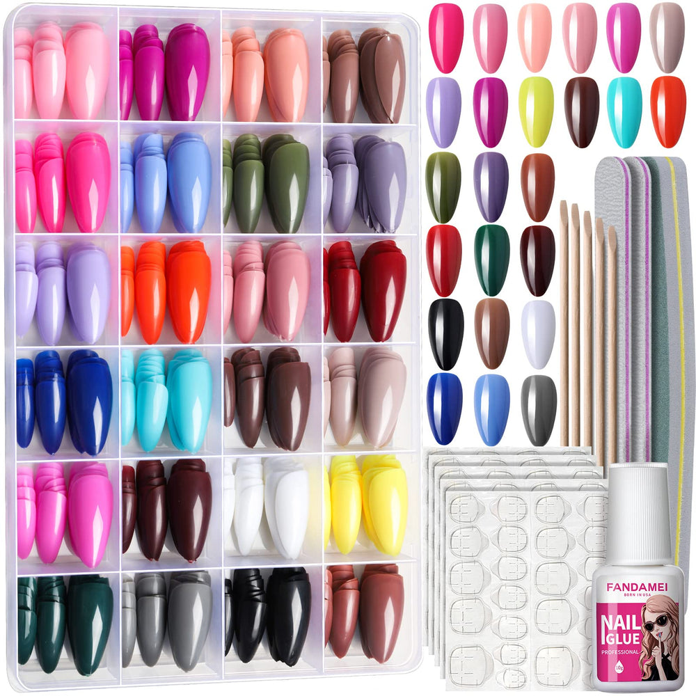 Fandamei front packaging showing 24-grid box and organized glossy nails, easy storage benefit