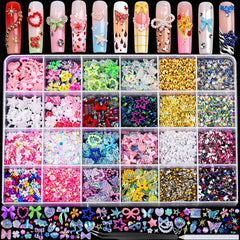 Fandamei 24-grid case front view showing organized nail charms for quick selection