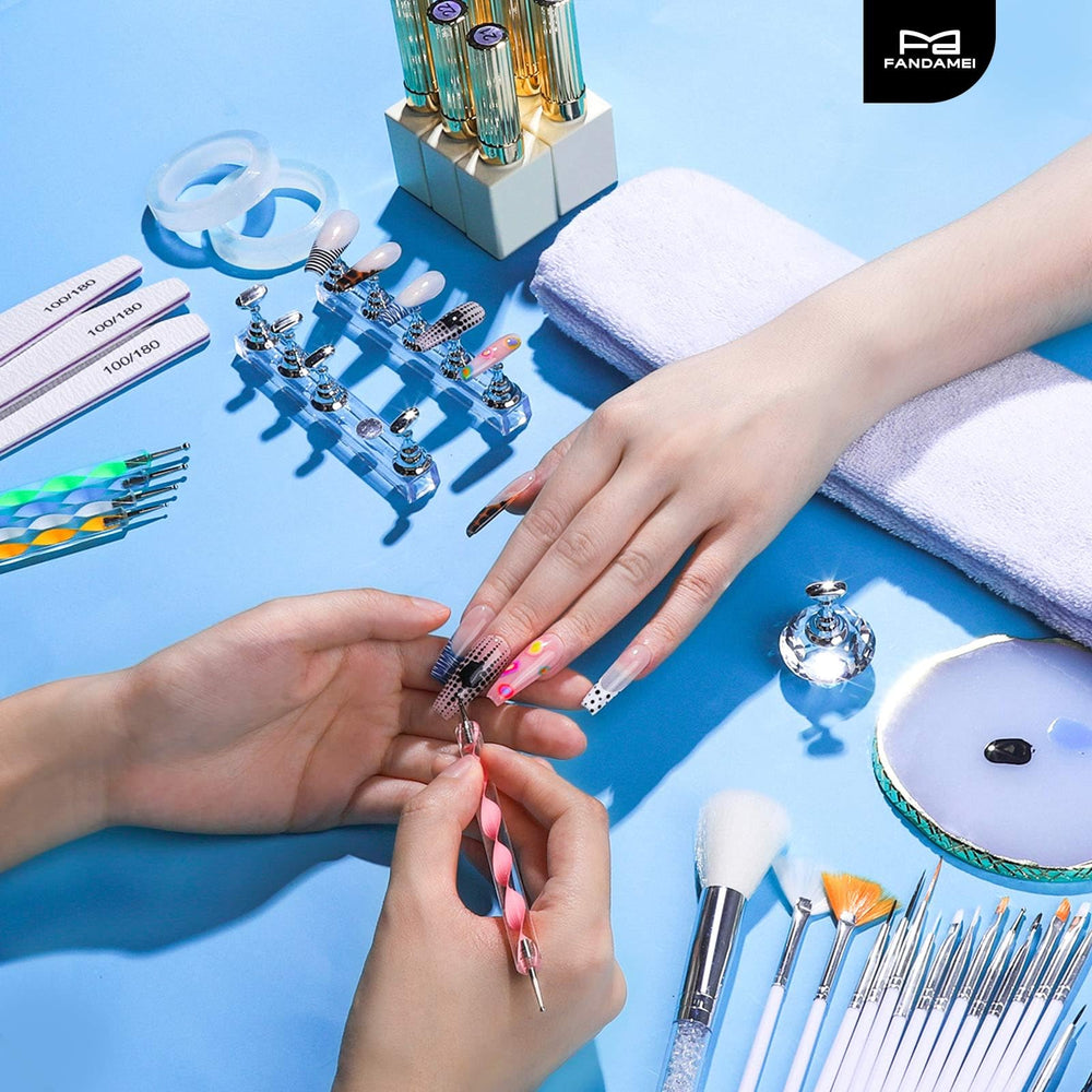 Fandamei lifestyle shot of nail artist using kit for professional-feeling at-home manicures