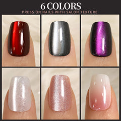 Fandamei flat lay of six short square press-on nail sheets, quick style selection