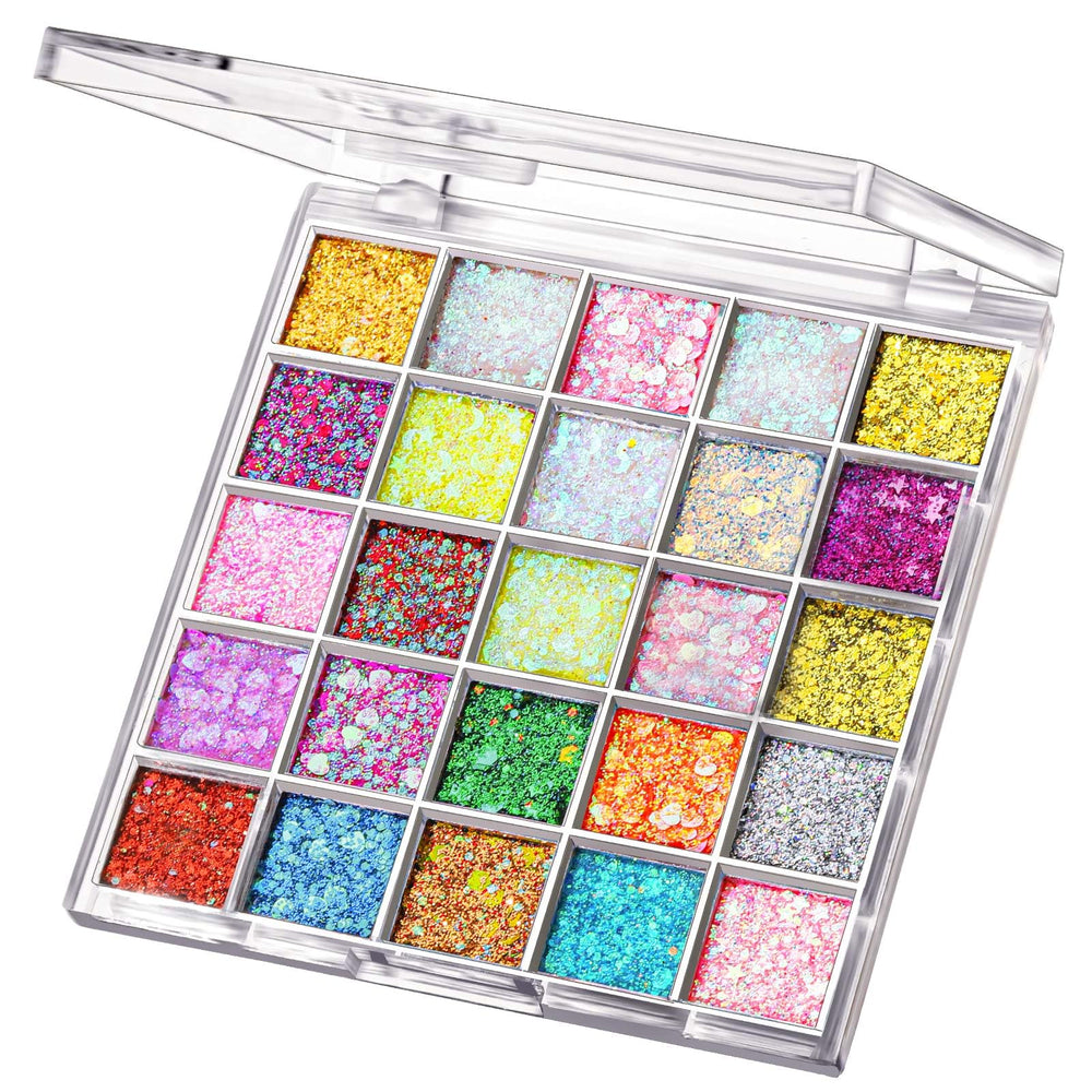 Fandamei palette front view showing 25 vibrant gel glitters and easy portability