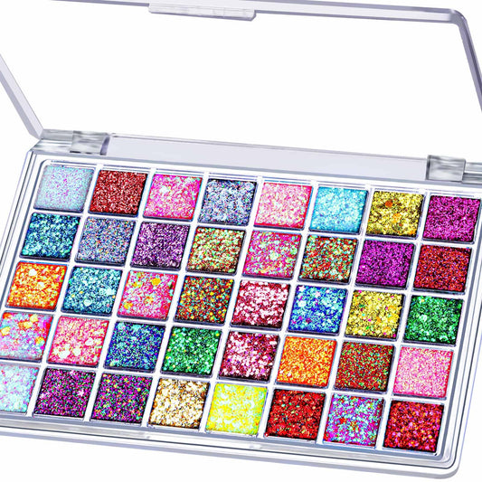 Fandamei palette top view showing 40 vibrant shades and sequins, easy selection benefit