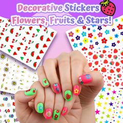 FANDAMEI sheets of floral and fruit nail stickers displayed for easy choosing