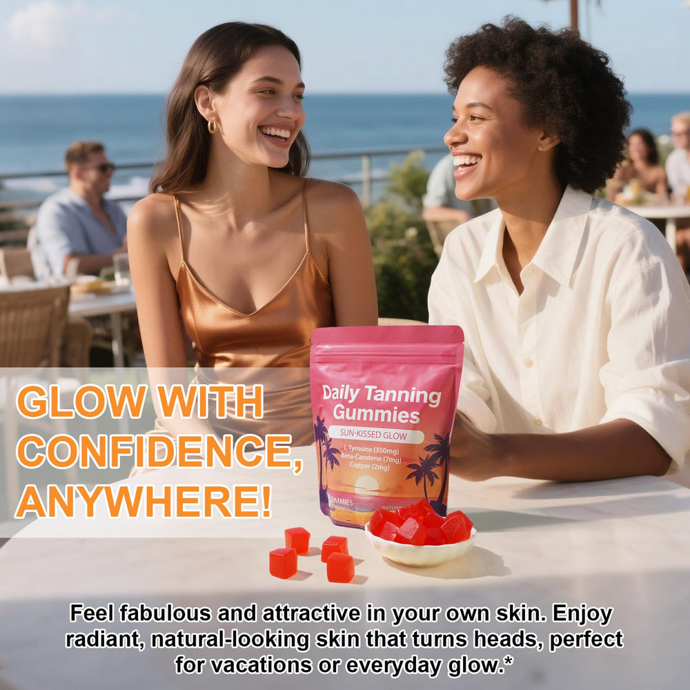 FANGCUN gummies beside a summer bag poolside suggesting travel-friendly, on-the-go glow support