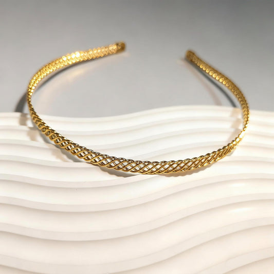 FANSSYA gold headband front view showing elegant shine and instant glamour